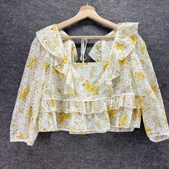 Wayf Blouse Women XS White Floral Lined Square Neck Long Sleeve Ruffle Cotton - Picture 4 of 9